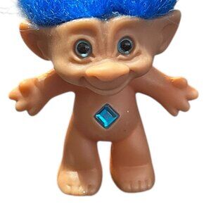 Ace Novelty Vintage Troll Doll • Diamond Jewel Belly • Blue Hair • 1990s • 3”